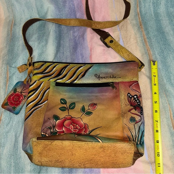 Anuschka Hand Painted Leather Rose Butterfly Zip Around Hobo crossbody Bag - Picture 4 of 5